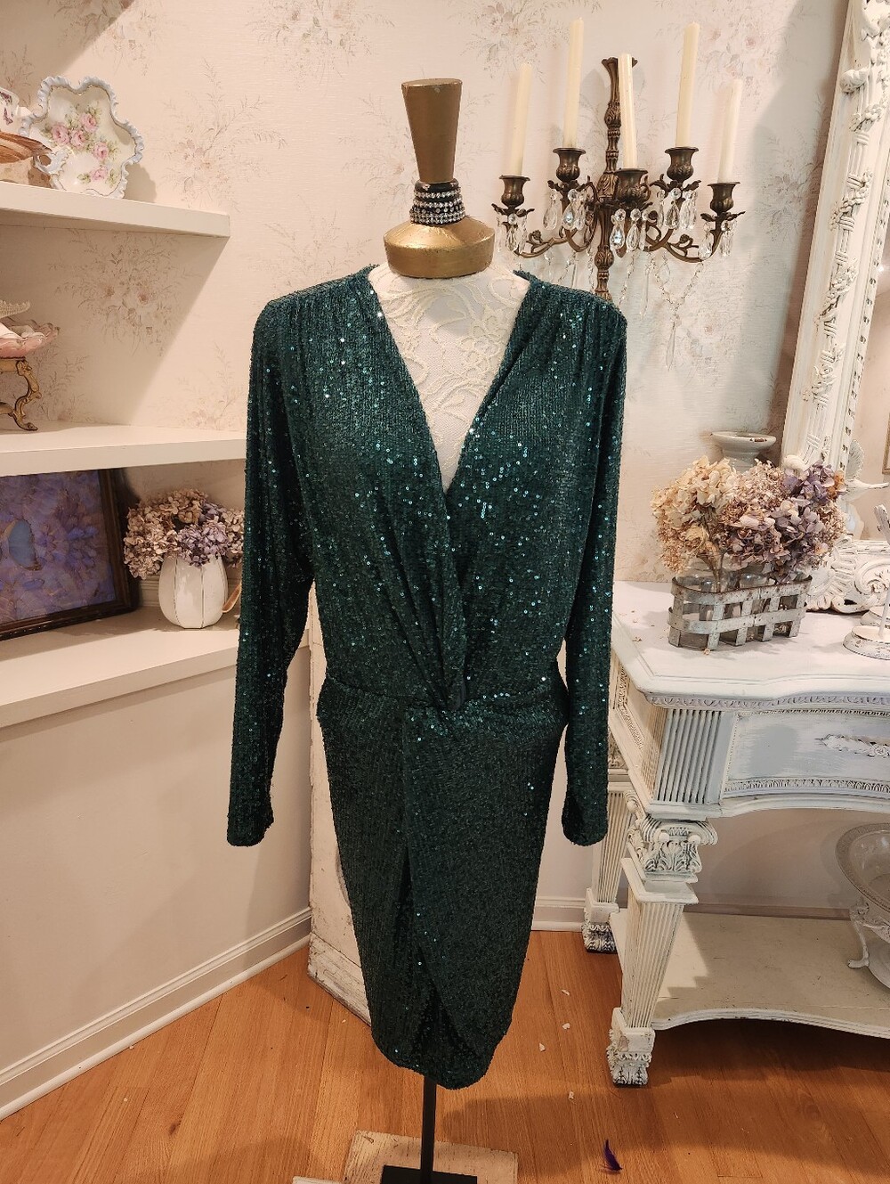 Liquid Deep Emerald Green Venus Sequin Evening Party Convention Dress 24